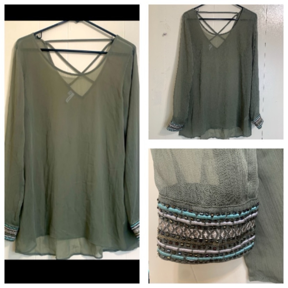 Studio Y Green Olive Embroidery cuff Sheer Long Sleeve Blouse Top Size Medium.